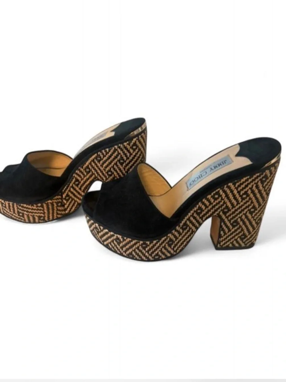 Jimmy Choo Deedee wedge sandals black suede uppers, woven platform size 8.5/38.5